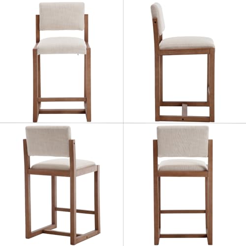 Butacos de barra LukeAlon, tapizados en lino beige, con patas de madera sólida y reposapiés, altura de asiento 26 pulgadas, set de 2 piezas miniatura 3