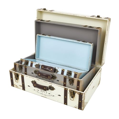 Image of Deco 79 Wooden Decorative Trunk Nesting Decorative Large Boxes with Vintage Accents and Studs, Set of 3 Storage Trunks 23 inch, 21 inch, 18 inchW, Multi Colored