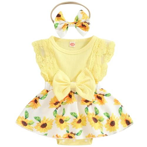 Image of Mubineo Baby Girl Summer Clothes Outfits Sleeveless Lace Floral Romper Dress Newborn Outfit (Zad Light Yellow Sunflower, 12-18 Months)