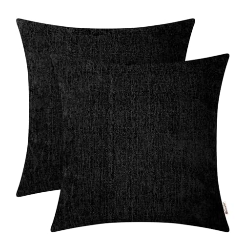 Image of BRAWARM Pack of 2 Throw Pillow Covers Cases for Couch Sofa Home Decoration Solid Dyed Striped Soft Chenille 20 X 20 Inches Black