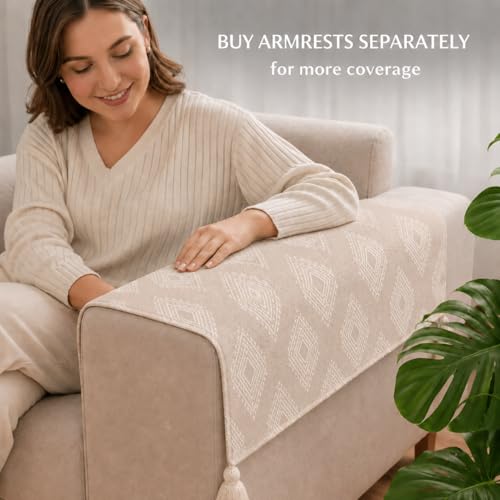Image of STITCHNEST 'Verdant Rekhika Stories' 1 Seater Sofa Cover| Elegant Jacquard Fabric, Decorative Tassels, Washable & Durable for Modern Living
