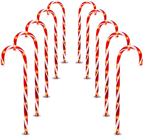 GEJRIO Christmas Candy Cane Pathway Markers Lights, Christmas Decorations Set of 10 Candy Cane Lights 22" Tall Pre-Lit with 10 LED Lights Per for Yard Lawn Pathway Markers Indoor/Outdoor