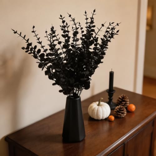 Image of Tinsow 26 PCS Black Faux Eucalyptus Leaves Halloween Artificial Flowers