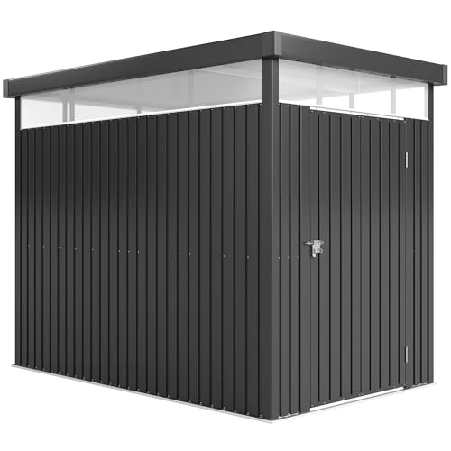 Outsunny Casetta da Giardino 4m² in Acciaio Zincato con Fori di Drenaggio e Finestre Trasparenti in Acrilico, Capanno Porta Attrezzi con Tetto, Porta Bloccabili con Chiavi e Guanti, Grigio Scuro