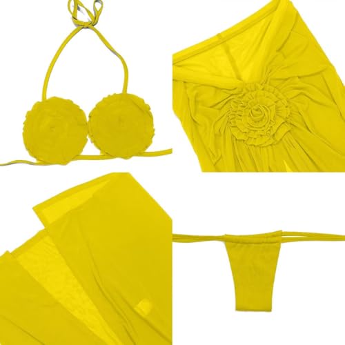 LROSEY Women’s Sexy 3 Piece Swimsuits Beach Cover Up 3D Flower Trim Bikini Top and Thong Sets with Sheer Sarong Maxi Skirts4