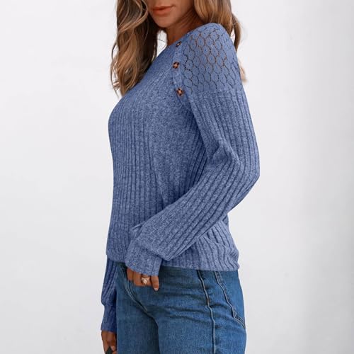 Ribbed Tops for Women Fashion Lace Hollow Out Long Sleeve Sweater Fall Knitted Solid Color Casual Crewneck Tunic 20253