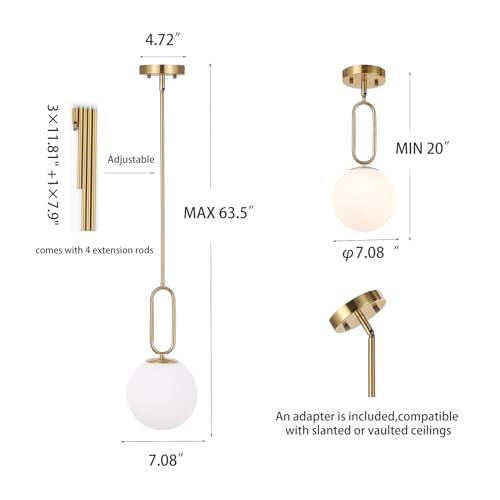 Modern Gold Globe Pendant Light White Globe Glass Shade 2 Pack Brushed Brass Finished Adjustable Rods Hanging Light Fixtures for Kitchen Island Living Room