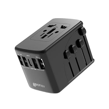 Geonav Carregador Universal com Adaptadores de Viagem, 4 Portas USB + 1 USB-C, TLCH65BK, Preto