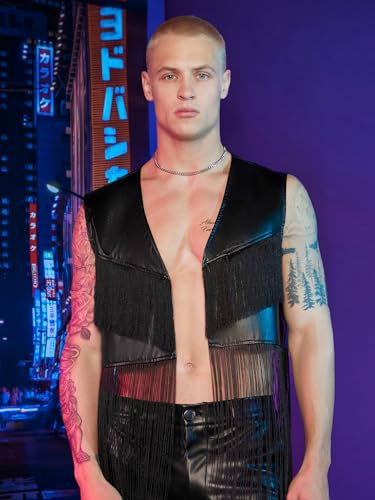 WDIRARA Men's PU Fringe Sleeveless Vest Tassel Faux Leather Open Front Disco Club Jacket Cardigan4