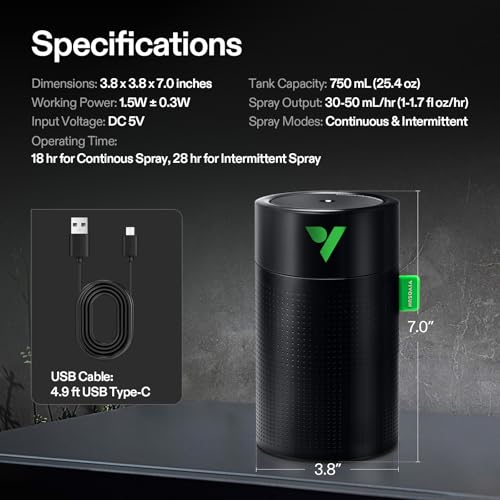 VIVOSUN AeroStream U075 USB加湿器 750ml クールミスト ミニ加湿器 2つのミストモード 自動シャットオフ スマートリモコン グローテント/VGrow用に設計