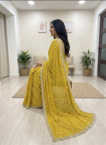 Image of RADHA Women's Embroidery Work Saree with Designer Border for Festive and Traditional Ethnic Drape Saree with Detailed Thread Style Pattern and Elegant Occasion Look