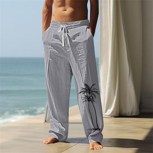 Cotton Linen Pants for Men Casual Palm Tree PrintWide Leg Yoga Beach Pants Loose Fit Lightweight Summer Trousers4