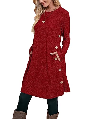 Image of Aokosor Jumper Dress for Women Long Sleeve Dress Ladies Button Tunic Dress with Pockets Burn Red Size 10-12
