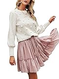 Miessial Women's Crew Neck Lantern Sleeve Sweater Pullover Elegant Knit Jumper Top White 4/6
