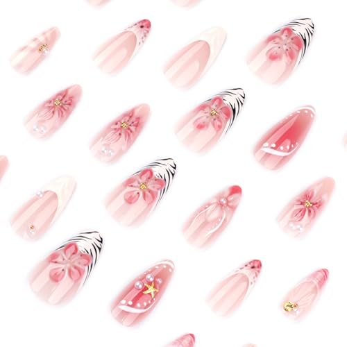Image of Flower Press on Nails Pink Fake Nails French Tip Nail Press ons with Pearl Design Glossy Full Cover Medium Almond Floral Glue on Nail for Women Girls Manicure 24Pcs