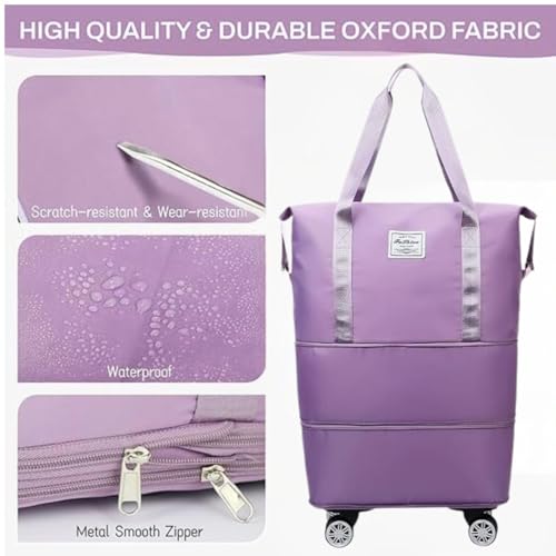 Image of Rolling Duffle Bag with Wheels, Expandable Foldable Travel Duffle Bag with Telescopic Handle, Portable Wheeled Luggage Bag for Travel, Lightweight Foldable Suitcase Bag for Men & Women (Purple)