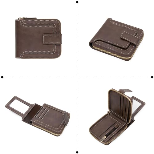 LJCZKA Zipper Leather Wallet for Men Large Capacity Bifold Credit Card Holder Coin Cash Purse with Flap ID Window (Brown)3