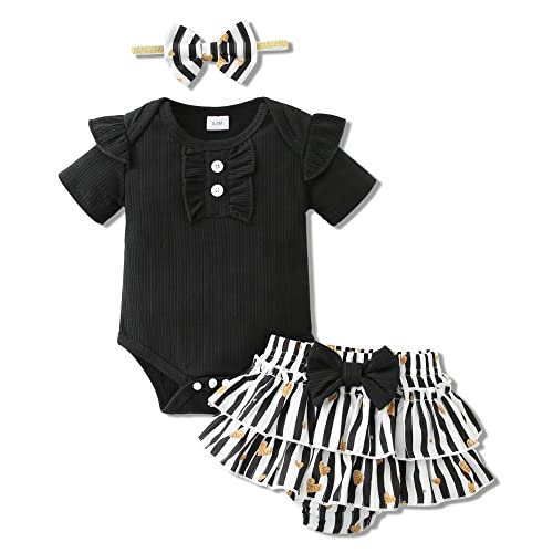 Image of DISAUR Baby Girl Clothes Newborn Girl Outfits, Infant Ruffle Sleeve Romper+ Floral Shorts+ Cute Headband 3PCS Cotton Baby Summer Clothing Set(Black,6-12M)
