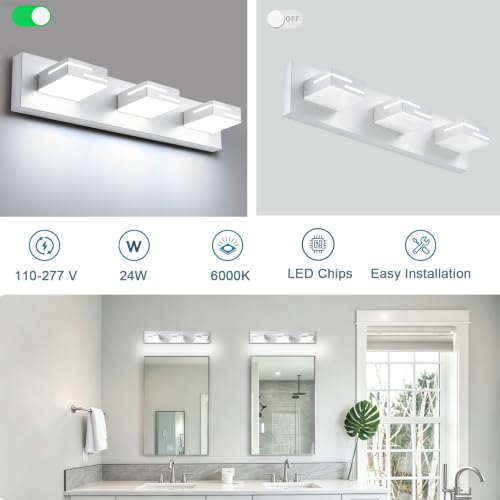 Image of LED Modern Bathroom Vanity Light Fixtures, Dimmable White Vanity Lights for Bathroom Lighting Fixtures Over Mirror, with 360 Rotatable Acrylic Heads 3-Light 22-inch (Cool White 6000K)