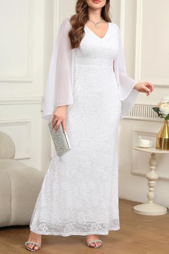 Plus Size Formal Dresses - Chiffon Capelet Ruffle Sleeves V Neck Lace Mermaid Evening Gown Prom Long Maxi Dresses 20254