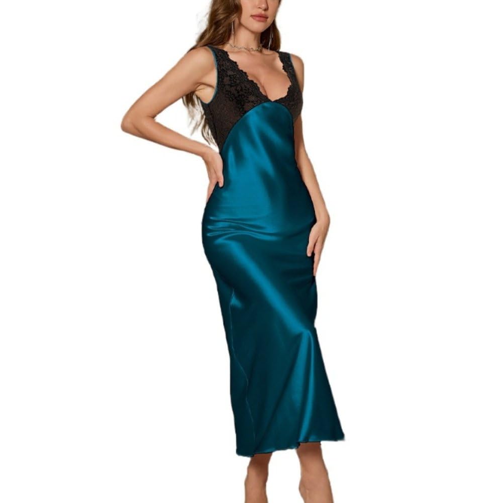 Camicia Da Notte Senza Schienale Con Impiombatura in Pizzo Da Donna Con Scollo A V Profondo Slim Fit Pigiameria in Raso