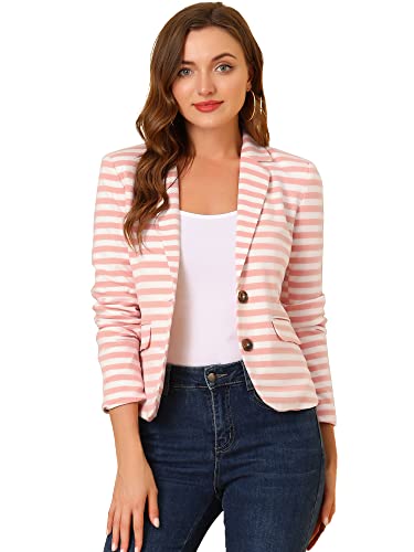 Allegra K Women's Notched Lapel Pocket Button Closure Striped Blazer