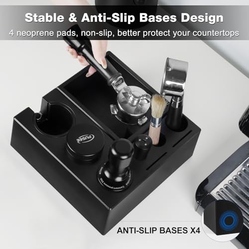 PUSEE Espresso Knock Box & Tamp Station, 9 in 1 Espresso Organizer, Fit 51,54,58MM Tamper, Distributor, Portafilter & Puck Screen Accessories, Detachable Knock Box