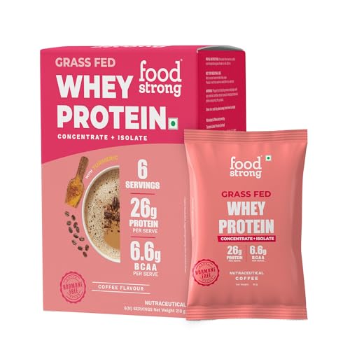 Image of Foodstrong Whey Protein Powder (Concentrate + Isolate), 100% Hormone Free Grass-Fed Whey, 26G Protein & 6.6G BCAA, Coffee, With Turmeric & Digestive Enzymes, 6 Sachets, 210G