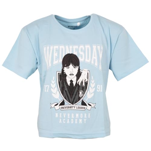Wednesday T-Shirt für Mädchen – Oversize Kurzarmshirt aus 100 % Baumwolle – Offizielle Lizenz – Nevermore Academy Größen 134–164 – in Lila oder Hellblau, Farbe: Blau, Bekleidungsgröße: 158/164