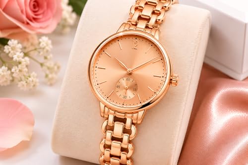 Image of HALFDOT Women's Rose Gold Analog Wrist Watch | Elegant Chain-Link Metal Strap Quartz Watch | Fashion Wrist Watch for Women & Girls