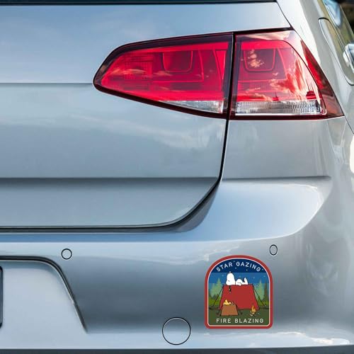 Image of Peanuts Snoopy Star Gazing Fire Blazing Adhesive Vinyl Decal - Fun Snoopy Camping Sticker for Car or Truck