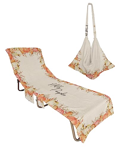 Elegant Flower Pumpkins Beach Chair Towel Covers for Chaise Lounge with Side Pocket, Soft Plush Pool Towels Cover for Patio Sunbathing Outdoor 29''x85'' Fall Aesthetic Eucalyptus Leaves