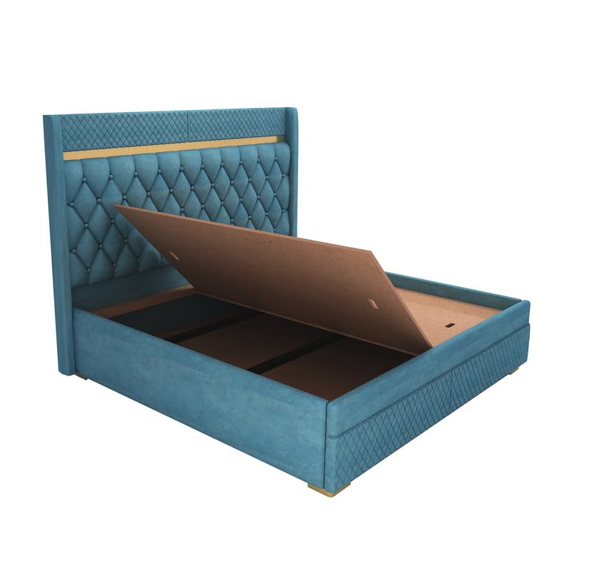 Image of MAMTA DECORATION Solid Wood Queen Size Bed with Box Storage | Premium Velvet Upholstered Tufted Headboard Palang Cot Bed | Modern Wooden Double Bed for Bedroom, Home, Hotel & Guest Room | Blue Finish