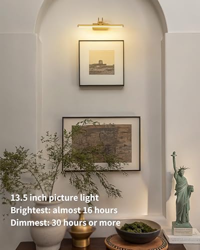 Image of KDG LED Wireless Wall Picture Light with Remote, 5200mAh Rechargeable Dimmable Art Lighting, Adjustable Swing Arm, Picture Frame Light for Gallery, Living Room, Hallway, 13.5 inch, Gold