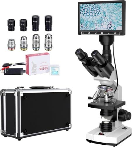 Image of Lab Compound Trinocular Microscope with Thermostat Mechanical Stage, Dual-View Microscope for Adults with 40X-2500X Magnification, Premium Achromatic Objective, 7'' LCD Screen, Built-in 5MP Camera
