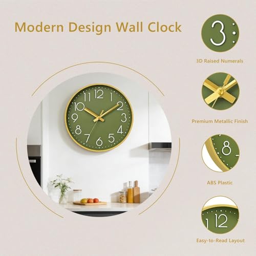 Image of DAXSMY Wall Clock 10 Inch Green Decorative, Battery Operated Silent