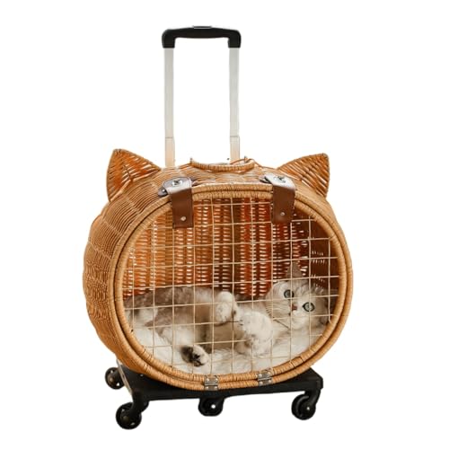 AOUTN籐製ペットキャリー 、リュック ペットキャリー キャスター付き 猫 猫用 キャリー カート 犬 小型犬 ペットキャリーケース 折り畳み 取り外し可能な車輪 ドライブ 旅行 通院 防災 避難用 キャリー (トロリースーツケース) (A)
