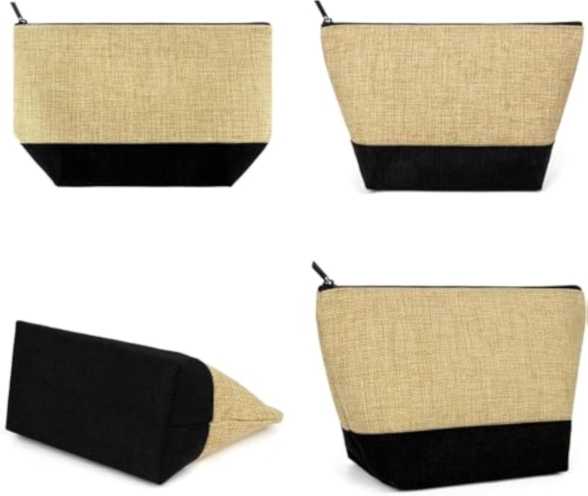 6 Pack Jute Makeup Bag with Zipper, Beige and Black