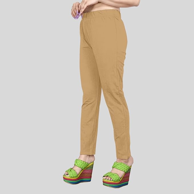 Image of Women's Solid Cotton Lycra Pants-High Waist Slim Fit Stretchable Leggings - Comfortable Long Trousers for Casual, Office & Everyday Wear