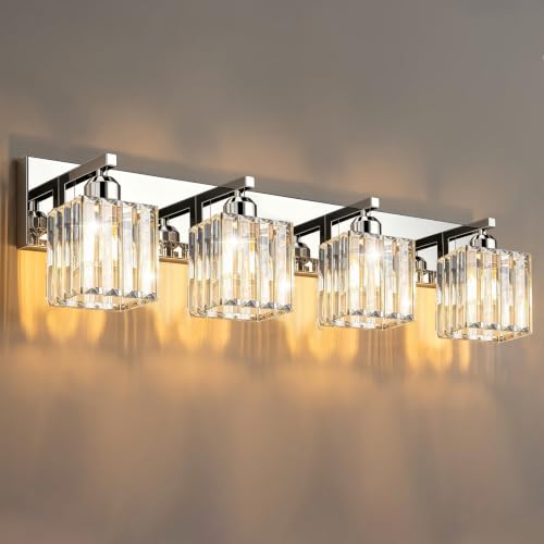 Image of Brushed Chrome Crystal Bathroom Vanity Light, 4-Light Modern Bathroom Lighting Fixtures Over Mirror,Chrome Wall Sconce Light Fixtures with Square Shade