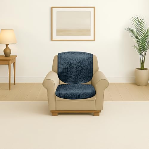 Image of Cloth Fusion Italian Velvet Floral Embossed 5 Seater (3+1+1) Sofa Cover Set for Living Room (174+58+58 cm, Blue)