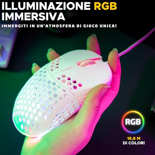 The G-Lab – Kult Oxygen – Mouse Gaming con Filo ad Alte Prestazioni 12.800 DPI – Massima Reattività, RGB 100% Personalizzabile, 6 Pulsanti Programmabili, Ambidestro, Silenzioso – Bianco – Novità - Mouse gaming - Immagine 4