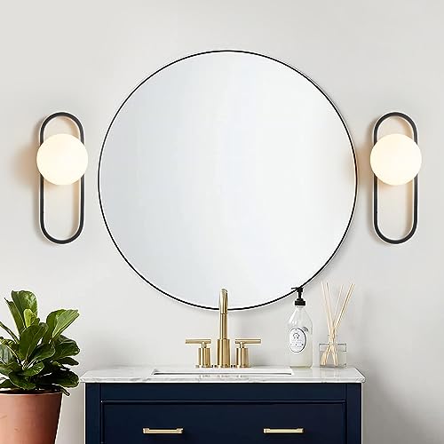 Image of Bektas Wall Sconces, Set of 2, Matte Black, Modern Light Fixture with White Globe Glass Shade, Wall Lighting for Living Room, Bedrooms