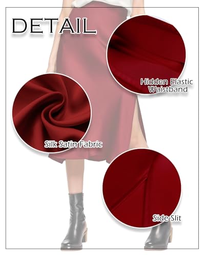 Image of Amy Babe Womens Satin Silk High Waist Slit Midi Skirt Long Skirts for Women | Elastic Waistband, Side Split, Midi Length, Below the Knee, Silky Fabric, Elegant, Fall Winter Outfits