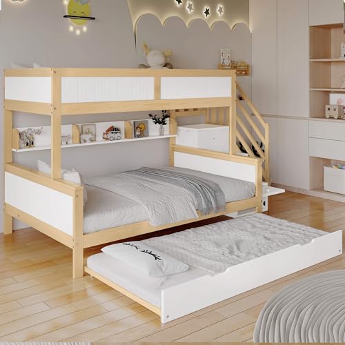 YCYDHDM Litera infantil de 90 x 200 y 120 x 200 cm con cama nido y armario, cama alta con escalera y espacio de almacenamiento, estructura de madera de pino, diseño de valla de seguridad, color blanco