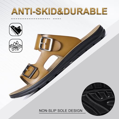 Men's leather sandals, beach flat-soled slippers, PU insole slippersWith adjustable buckles, size 5-114