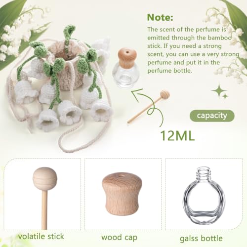 Image of DaisyInner Cute Crochet Plant Car Freshener 12ml Empty Refillable Diffuser Bottle with Plants Hanging Accessories for Ornaments Charms Rearview Mirror Decor Women Gifts (Green, White,Bellflower)
