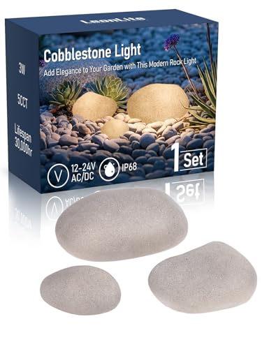 LEONLITE Low Voltage Pebble Shape Lights Outdoor, 5CCT Cobblestone Pathway Lights 3Pcs, LED Decorative Garden Light for Yard, 12-24V AC/DC, 1800K/2700K/3000K/4000K/5000K Selectable, Light Gray
