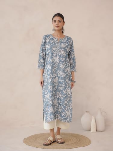 Image of GOODHAND Pure Cotton Floral Printed Long Kurta for Women | Straight Fit Ethnic Kurta | Round Neck 3 /4 Sleeve Kurta