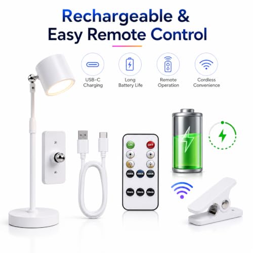 Image of 3-in-1 Rechargeable LED Table Lamp with Remote Control, Magnetic 360 Rotating Reading Light, Wall Mounted, Clip-On & Desk Lamp Up /Down Light, USB-C Cordless Bedside Study Lamp (White)